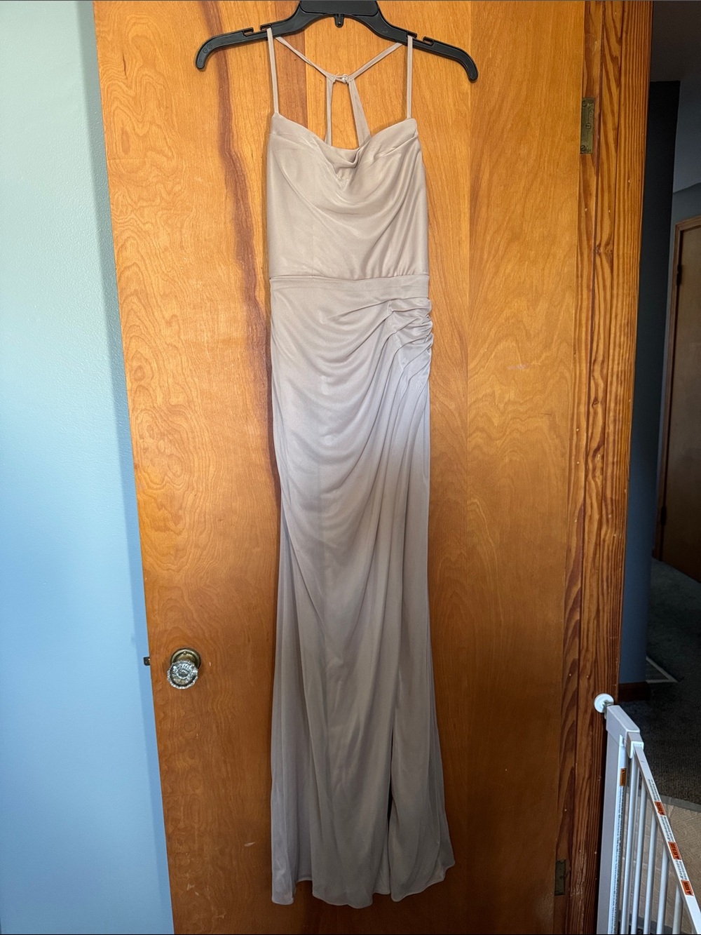 Azazie Taupe Maxi Dress with Ruched Side and Cowl Neck